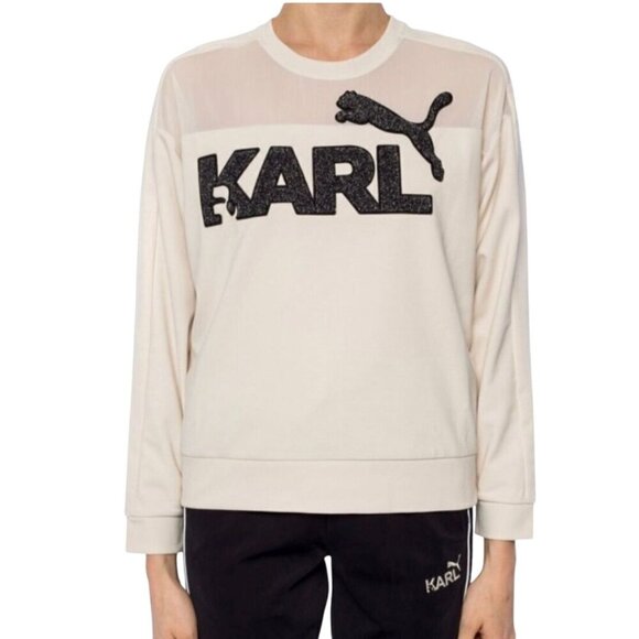 Puma X Karl Lagerfeld Crew Burch Logo Sweatshirt Ivory Glitter Logo Mesh Size L - Picture 1 of 9
